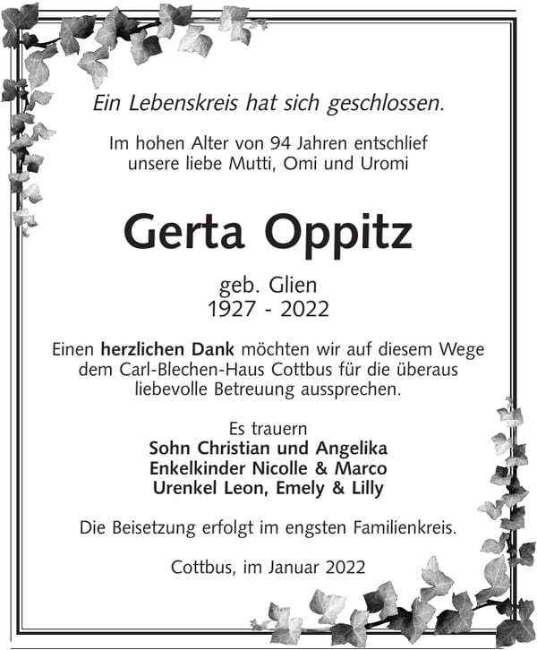 Traueranzeige Gerta Oppitz, geb. Glie