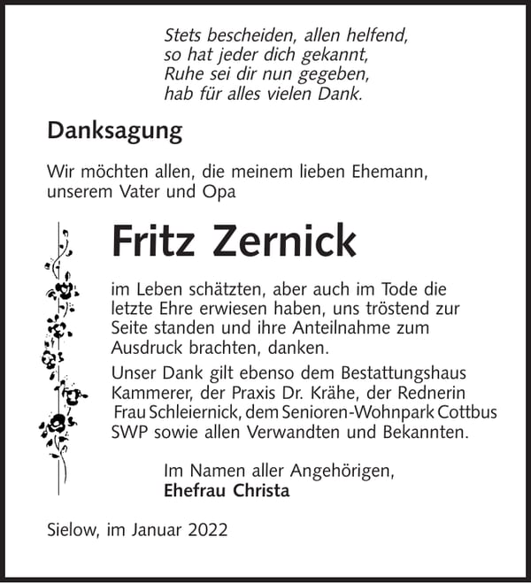 Danksagung Fritz Zernick