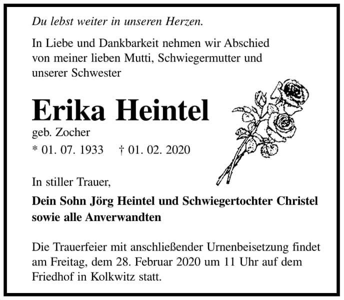 Traueranzeige Erika Heintel, geb. Zocher