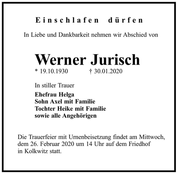 Traueranzeige Werner Jurisch