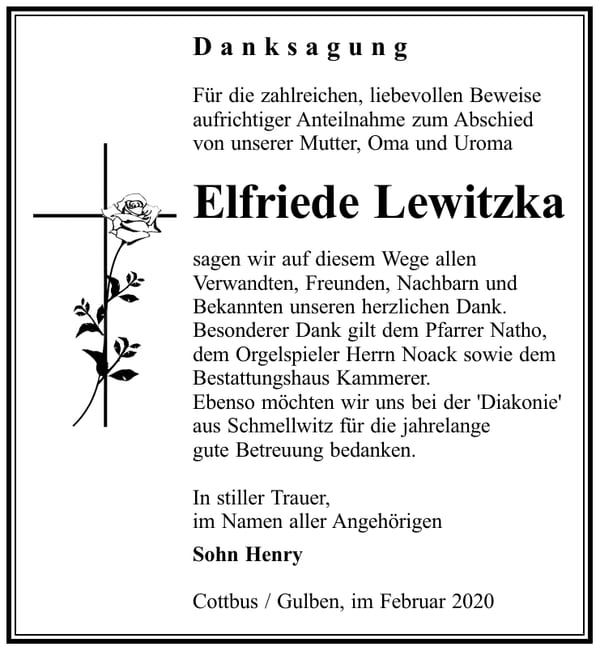 Danksagung Elfriede Lewitzka