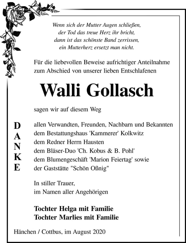 Danksagung Walli Gollasch
