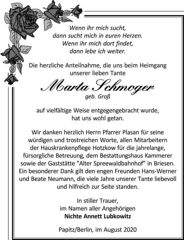 Danksagung Marta Schmoger, geb. Groß