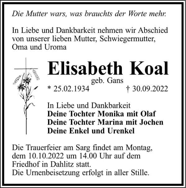 Traueranzeige Elisabeth Koal, geb. Gans