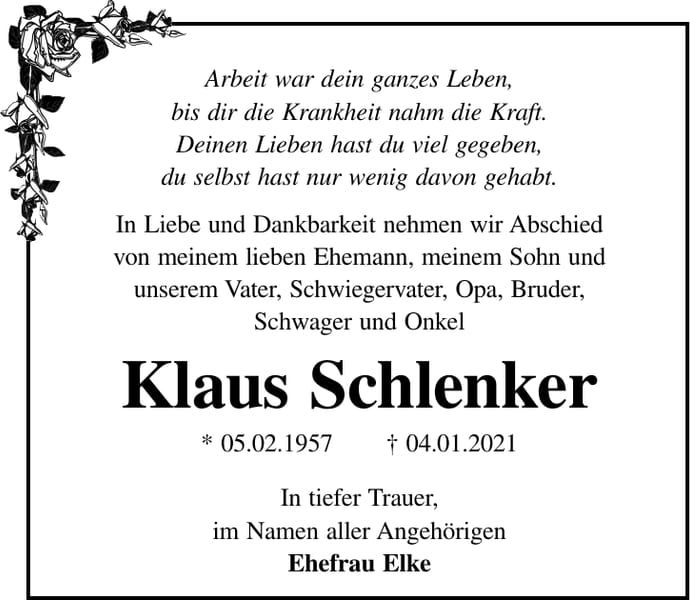 Traueranzeige Klaus Schlenker