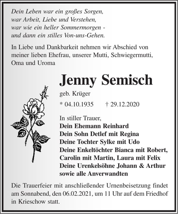 Traueranzeige Jenny Semisch, geb. Krüger