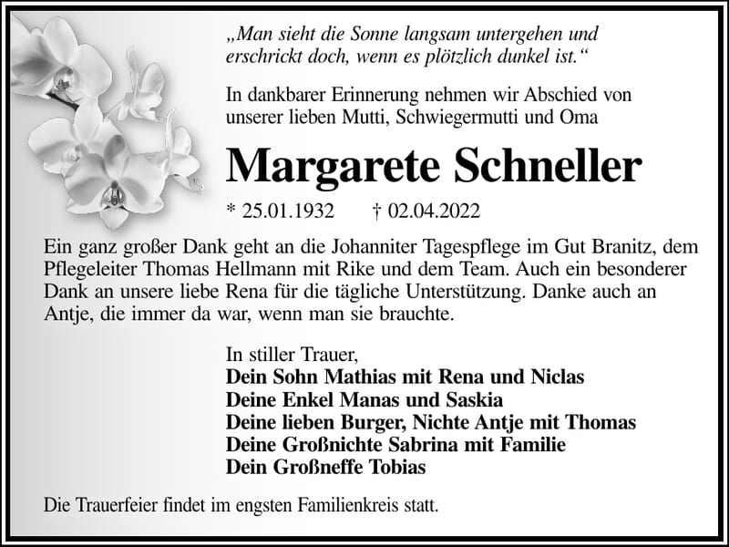 Traueranzeige Margarete Schneller