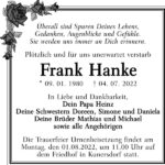 Traueranzeige Frank Hanke