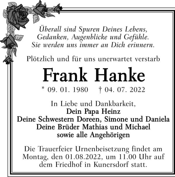 Traueranzeige Frank Hanke
