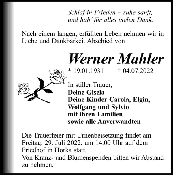 Traueranzeige Werner Mahler
