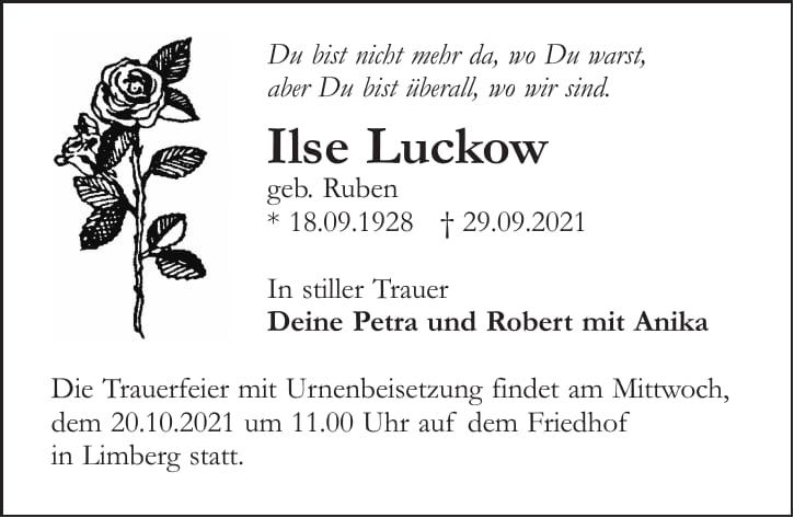 Traueranzeige Ilse Luckow, geb. Ruben