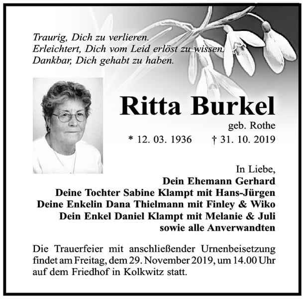 Traueranzeige Ritta Burkel, geb. Rothe