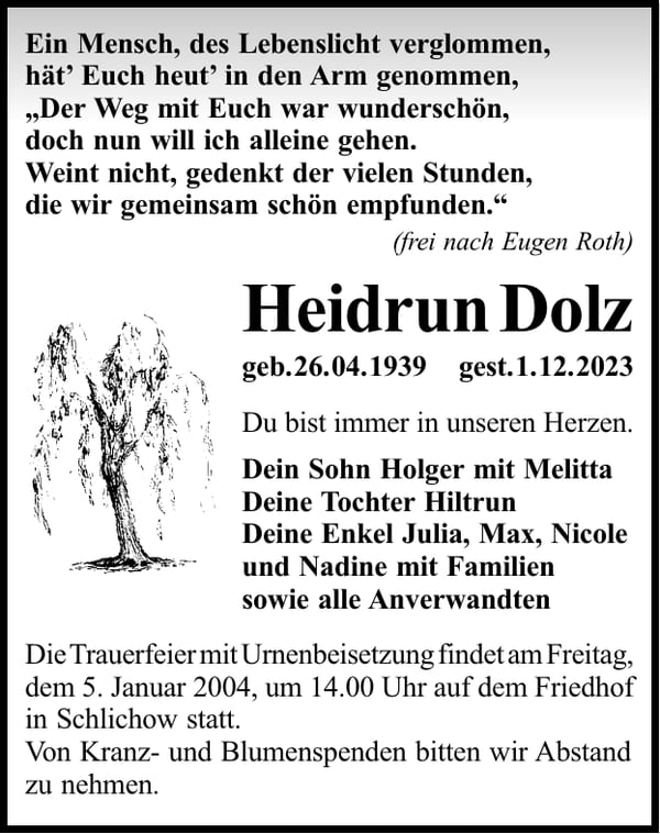 Traueranzeige Heidrun Dolz