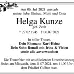 Traueranzeige Helga Kunze, geb. Zech
