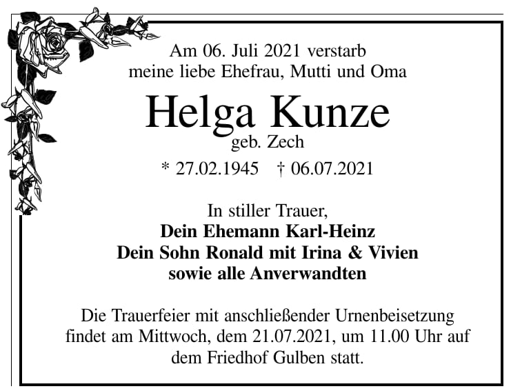 Traueranzeige Helga Kunze, geb. Zech