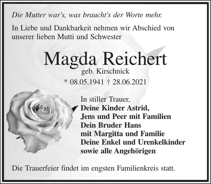 Traueranzeige Magda Reichert, geb. Kirschnick