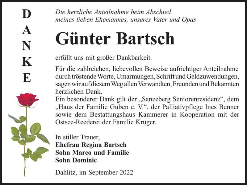 Danksagung Günter Bartsch