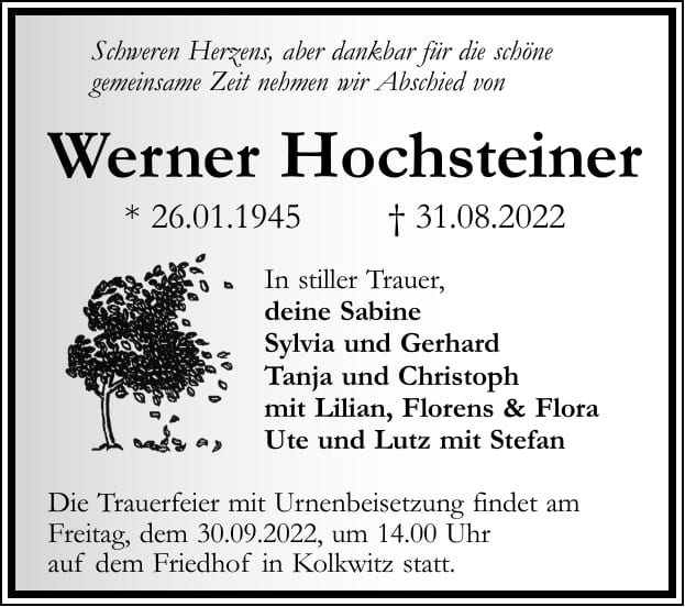 Traueranzeige Werner Hochsteiner