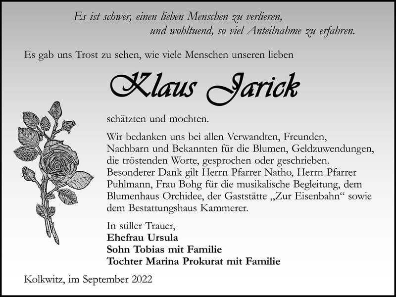 Danksagung Klaus Jarick