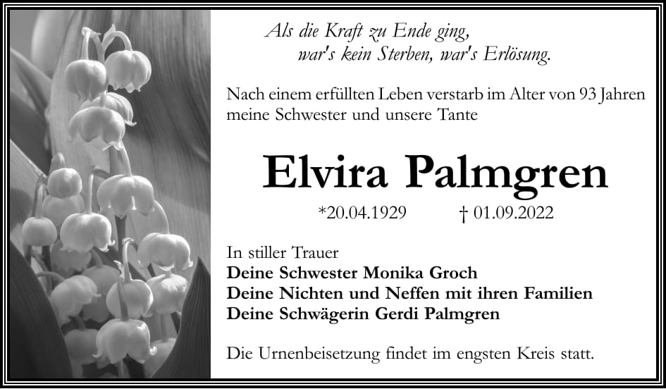 Traueranzeige Elvira Palmgren
