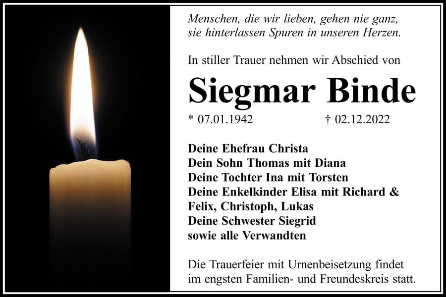 Traueranzeige Siegmar Binde