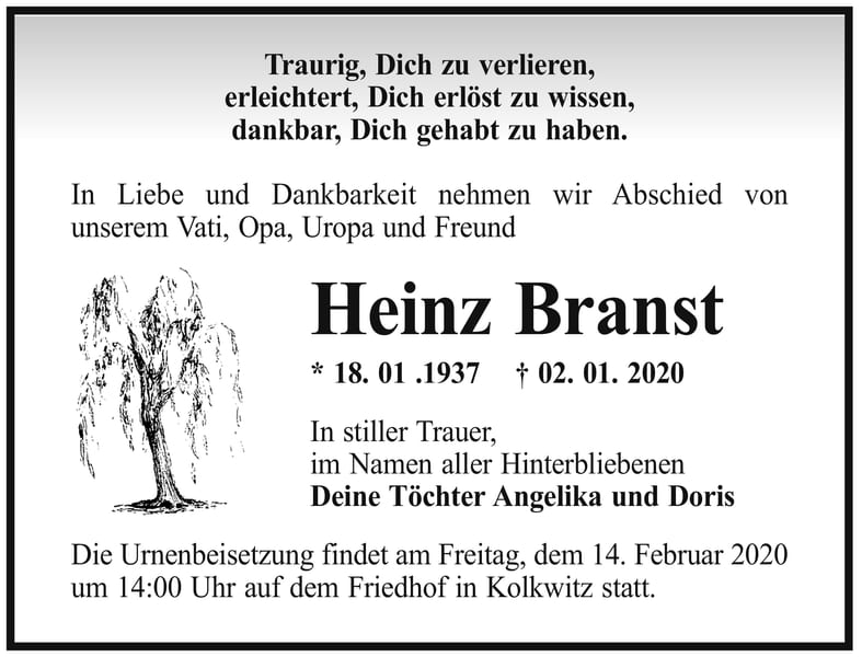 Traueranzeige Heinz Branst