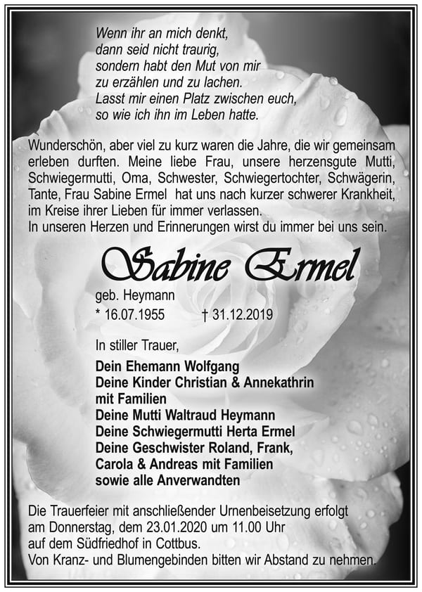 Traueranzeige Sabine Ermel, geb. Heymann