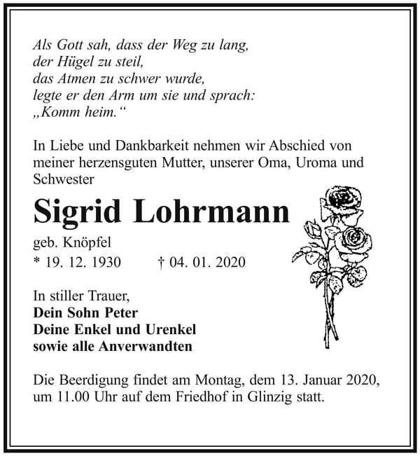Traueranzeige Sigrid Lohrmann, geb. Knöpfel