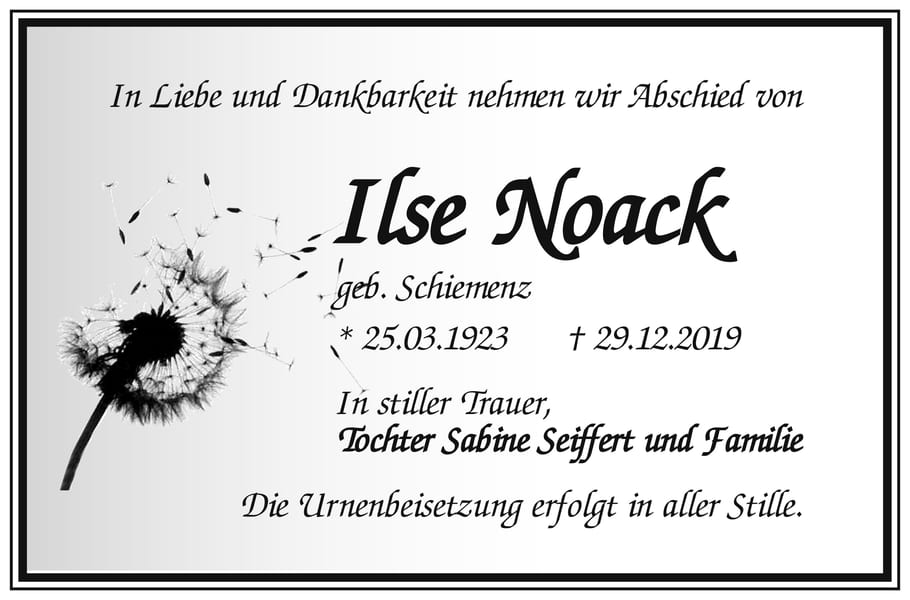 Traueranzeige Ilse Noack, geb. Schiemenz