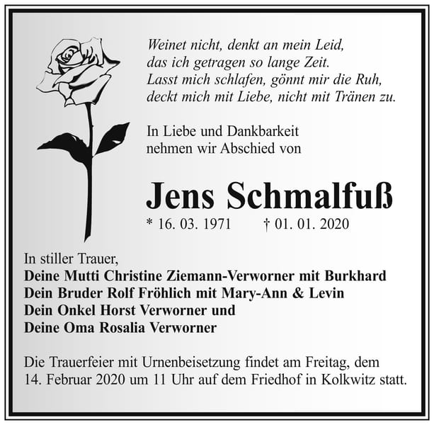 Traueranzeige Jens Schmalfuß