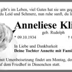 Traueranzeige Anneliese Klietsch, geb. Rudolph