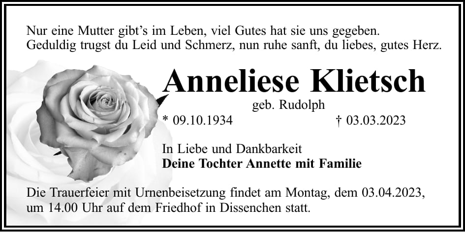 Traueranzeige Anneliese Klietsch, geb. Rudolph