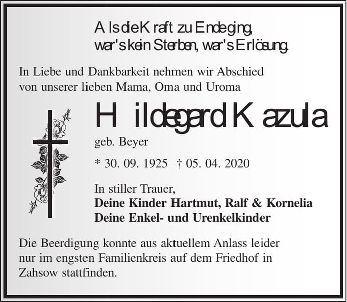 Traueranzeige Hildegard Kazula, geb. Beyer