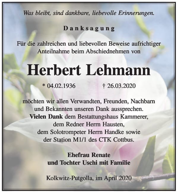 Danksagung Herbert Lehmann