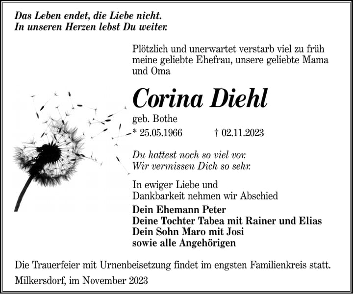 Traueranzeige Corina Diehl, geb. Bothe