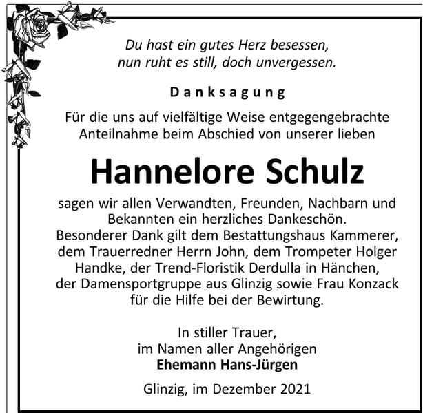 Danksagung Hannelore Schulz