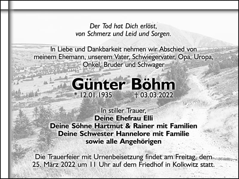 Traueranzeige Günter Böhm