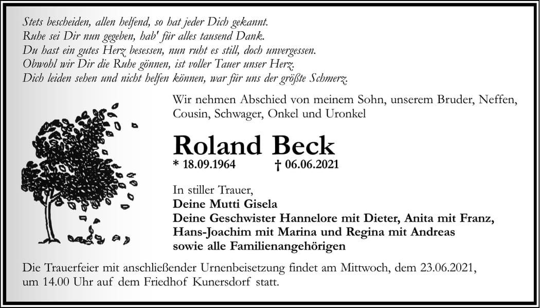 Traueranzeige Roland Beck