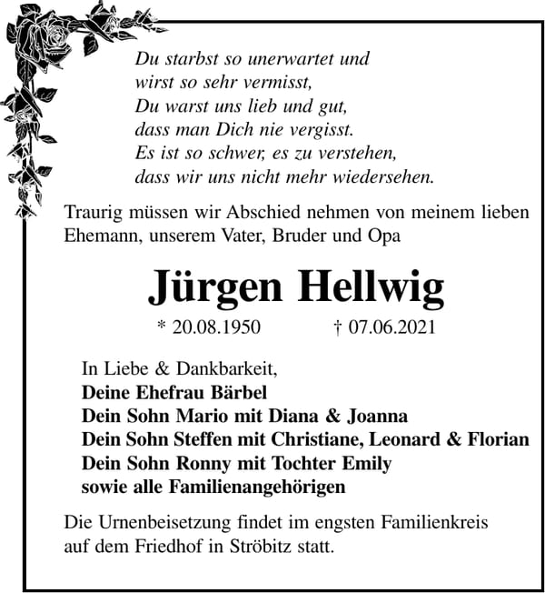 Traueranzeige Jürgen Hellwig