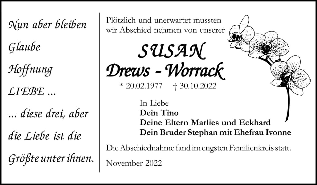 Traueranzeige Susan Drews-Worrack