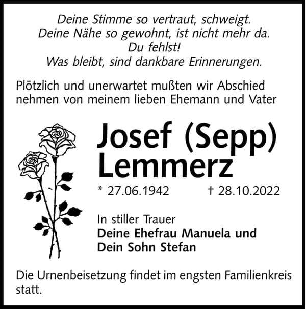 Traueranzeige Josef (Sepp) Lemmerz