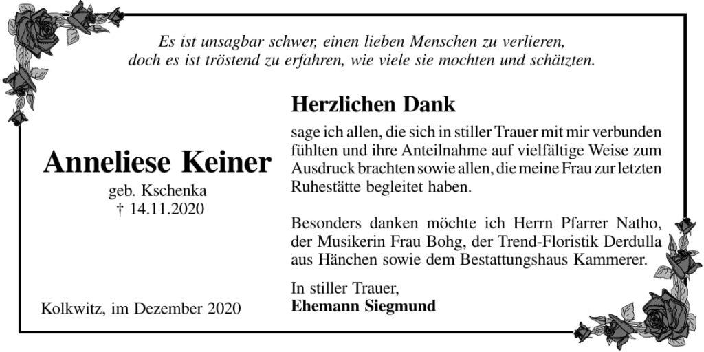 Danksagung Anneliese Keiner, geb. Kschenka