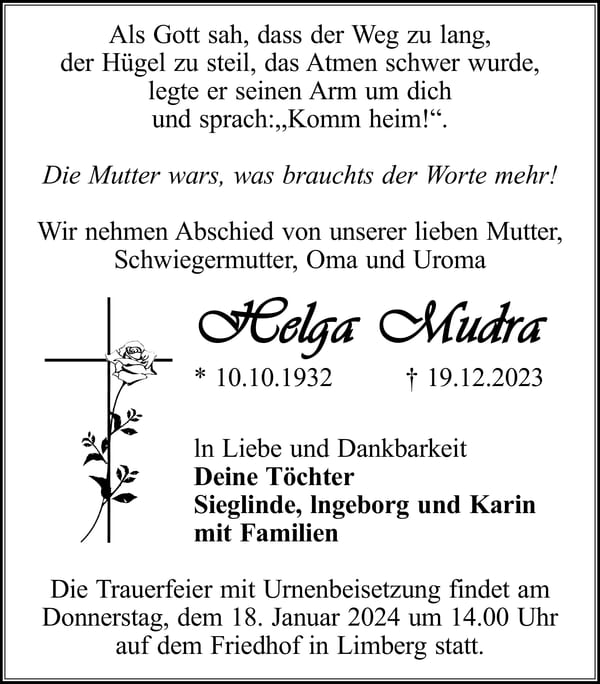 Traueranzeige Helga Mudra