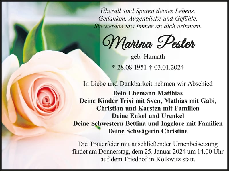 Traueranzeige Marina Pester, geb. Harnath