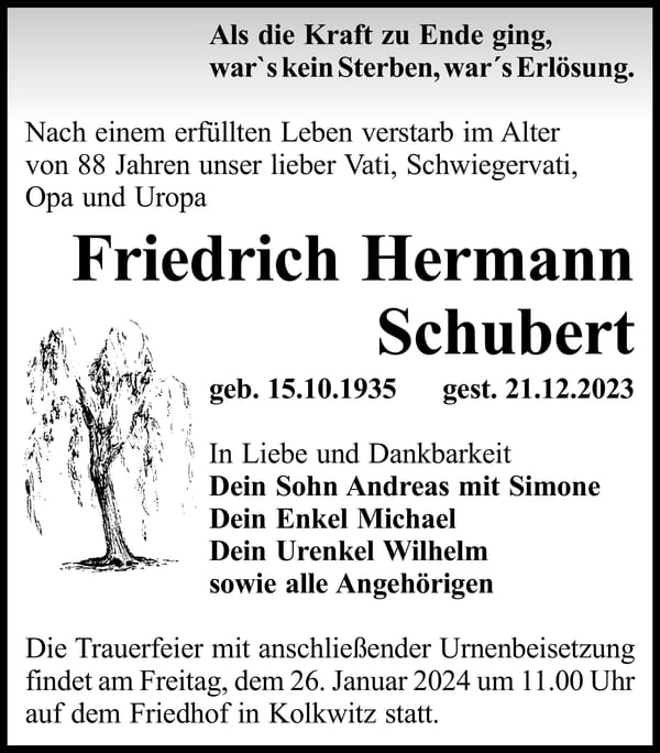 Traueranzeige Friedrich Hermann Schubert