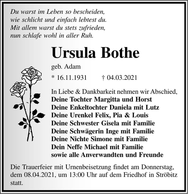 Traueranzeige Ursula Bothe, geb. Adam