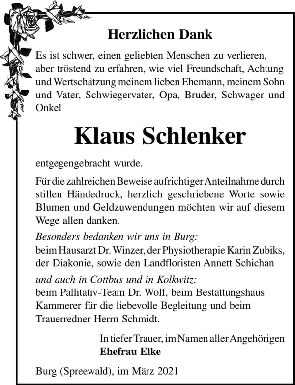 Danksagung Klaus Schlenker