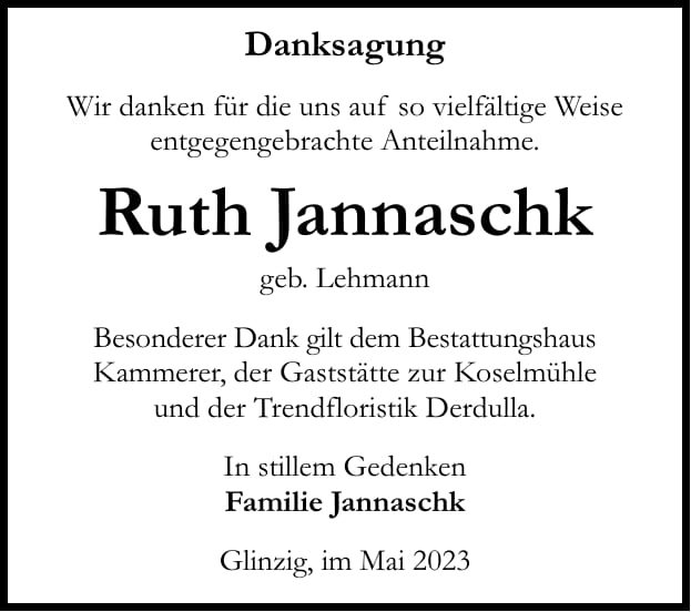 Danksagung Ruth Jannaschk, geb. Lehmann