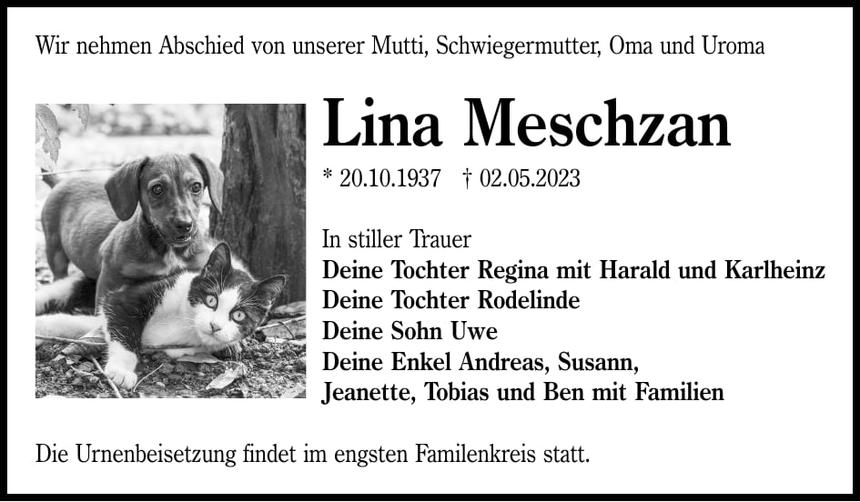 Traueranzeige Lina Meschzan