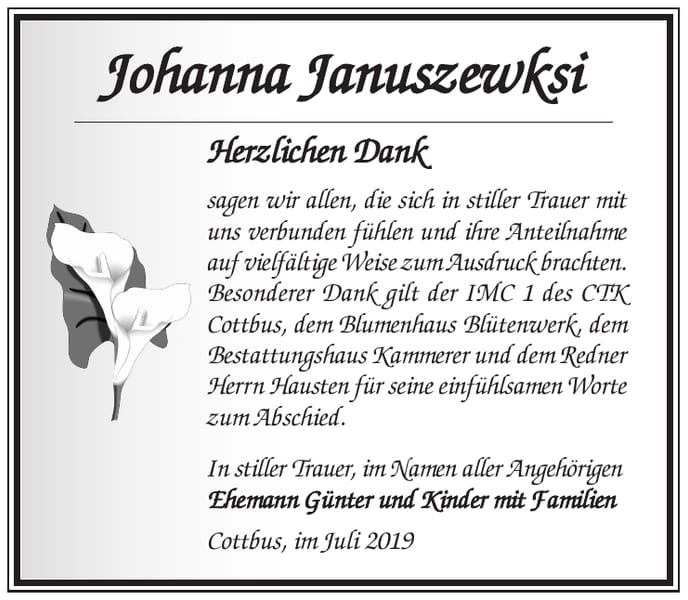 Traueranzeige Johanna Januszewksi